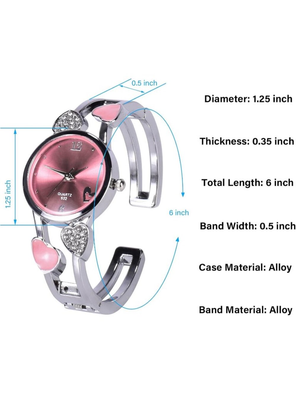 Women's Pink Quartz with Rhinestone Round Dial Stainless Steel Band Cuff Watch - Picture 2 of 7
